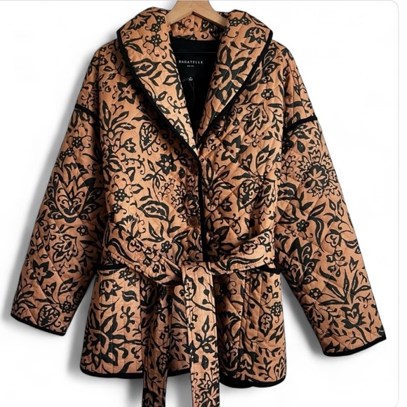 BAGATELLE Quilted Jacket Button Tie Belt Floral Black Camel XL NWT - Picture 1 of 11